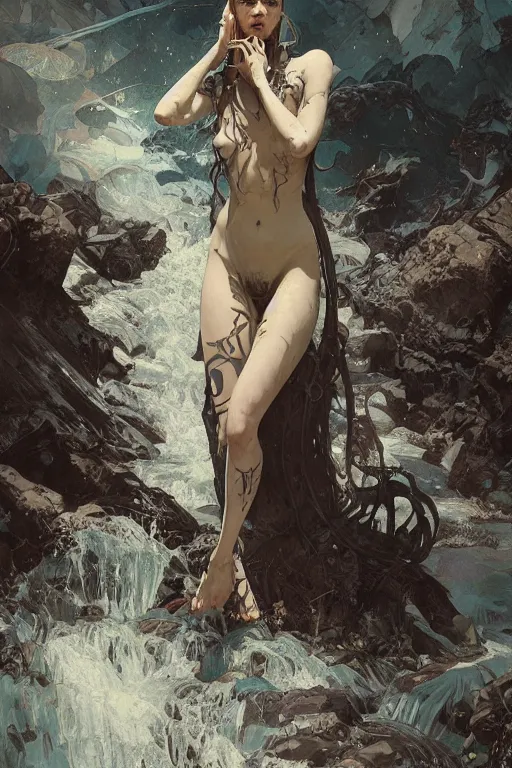 Image similar to a full body portrait of a beautiful post apocalyptic offworld nordic necromancer swimming by the waterfalls, intricate, elegant, highly detailed, digital painting, artstation, concept art, smooth, sharp focus, illustration, art by krenz cushart and artem demura and alphonse mucha