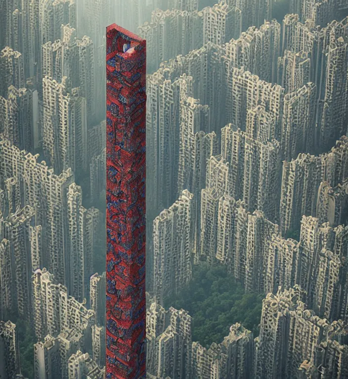 Image similar to beautiful isometric fractal totem in hong kong, shot from drone, trending on artstation art by zdzislaw beksinski, highly detailed, cg society contest winner