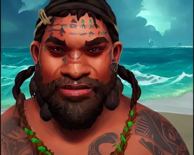 Image similar to sea of thieves character portrait concept art for a tribal native man with polynesian tattoos on his face and a nose ring, cgsociety, trending on artstation, rare ltd,