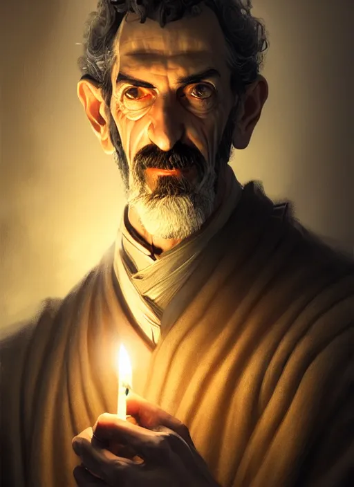 Prompt: portrait of havelock vetinari, discworld, intricate, elegant, candle light, highly detailed, digital painting, artstation, concept art, smooth, sharp focus, illustration, art by wlop, mars ravelo and greg rutkowski