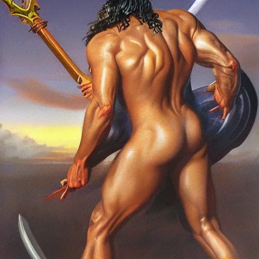 Image similar to Oil paitning Obama as a barbarian warrior Boris Vallejo