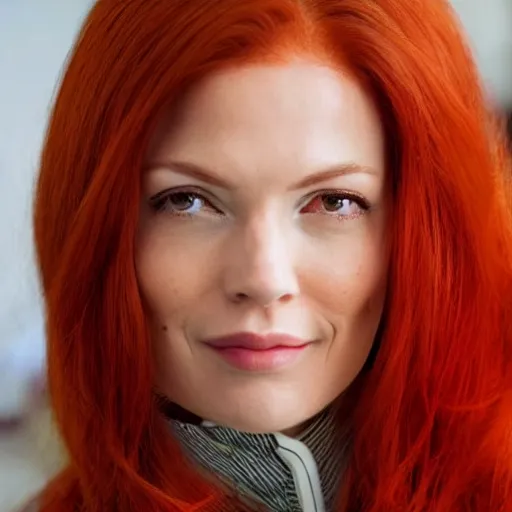 Prompt: Portrait of Jean Grey, a beautiful woman in her 30s, with red hair and green eyes, dressed casually, in the background is an elegant office, manga,