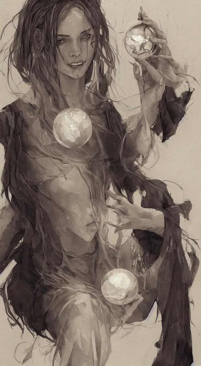 Image similar to young witch with a crystal ball in the lower half of the drawing, true anatomy, detailed face, highly detailed, by greg rutkowski