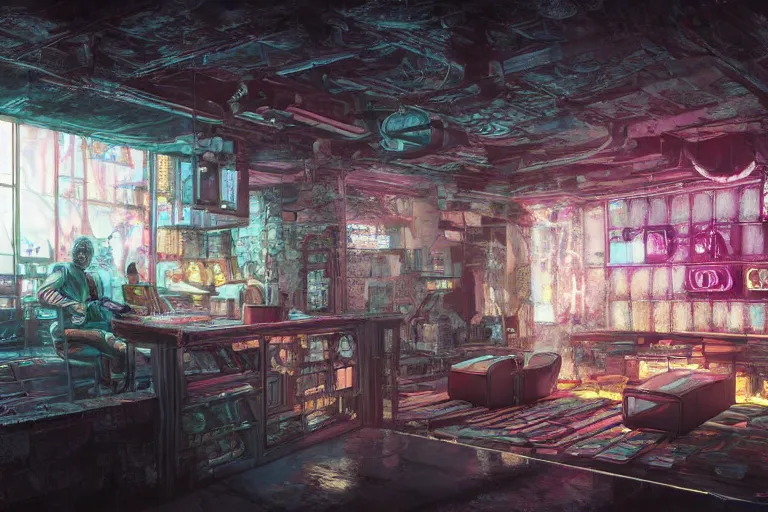 Prompt: ultra mega super hyper realistic Digital concept interior design in style of Hiromasa Ogura and Josan Gonzalez of cyberpunk tavern with stone walls and neon lights, a lot of electronics, many details in style of Hiromasa Ogura and Josan Gonzalez. Natural white sunlight from the transperient roof. Rendered in VRAY and DaVinci Resolve and MAXWELL and LUMION 3D, Volumetric natural light