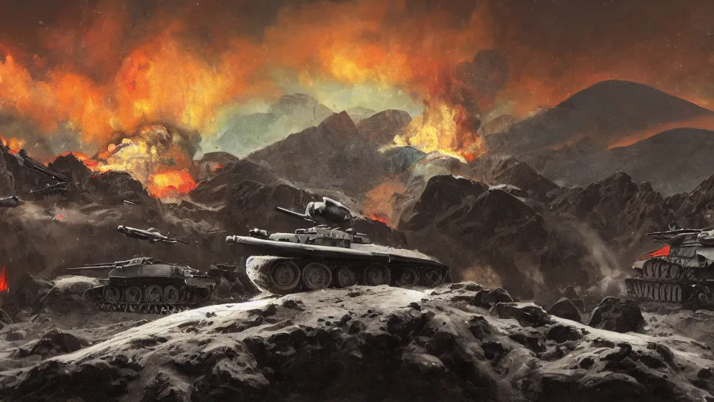 Image similar to snowy mountain, second world war fighting against ufo, aliens, tanks, jet fighters, missiles, with anti aircraft guns, with fire and smoke in the background by eugene von guerard, ivan shishkin, dramatic lighting, concept art, trending on artstation, 8 k