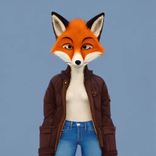 Image similar to upper half portrait of a anthropomorphic female fox with short fur covering her body, wearing a denim jacket in the style of zootopia, far shot,