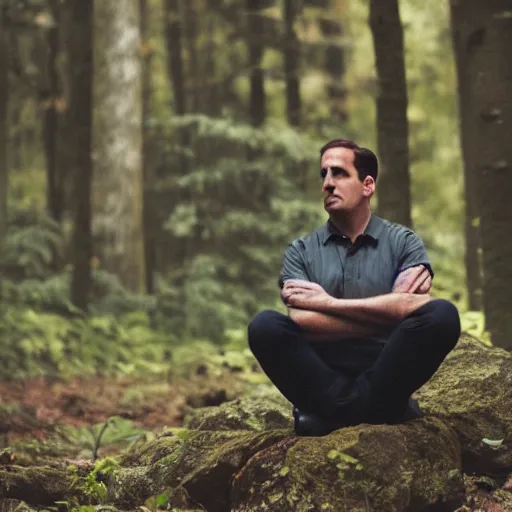 Image similar to Michael Scott meditate in forest, realistic photo, 90mm