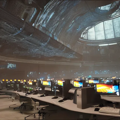 Prompt: photorealistic still hundreds of people sitting in front desks with computers in a giant dome cave cyberpunk cables and lights everywhere unreal engine volumetric lightning 8 k