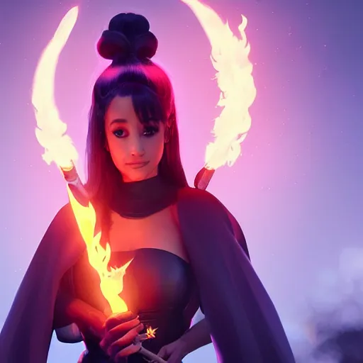 Prompt: Ariana Grande wearing witches outfit holding a glowing fire magical staff. Trending on Artstation, octane render, ultra detailed, art by Ross tran