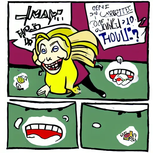 Image similar to large hillary clinton chasing after anthropomorphic envelopes running away in fear, cute cartoon artstyle, green sunny hills