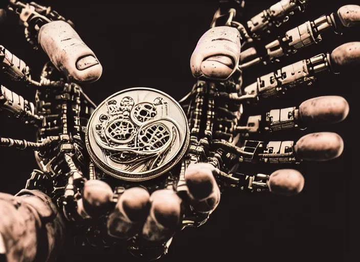 Image similar to mechanical cybernetic hands holding a coin that's worth 1 human soul, to be traded in hell. centered. horror cyberpunk dystopia style. highly detailed 8 k. intricate. nikon d 8 5 0 3 0 0 mm. award winning photography.