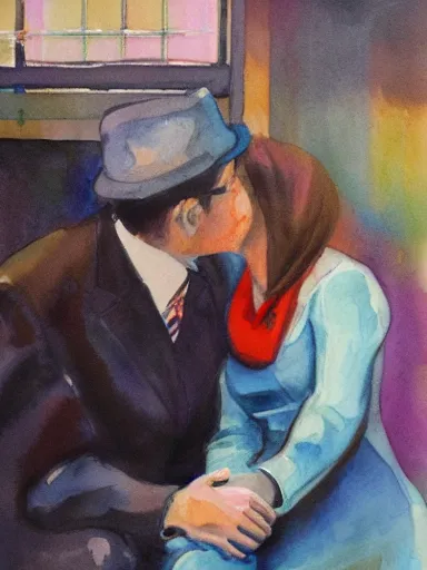 Prompt: water color painting, artwork by saul leiter, of a solo individual portrait of a guy and a girl kissing, dapper, simple illustration, nostalgic, very realistic, full of details, trending on artstation