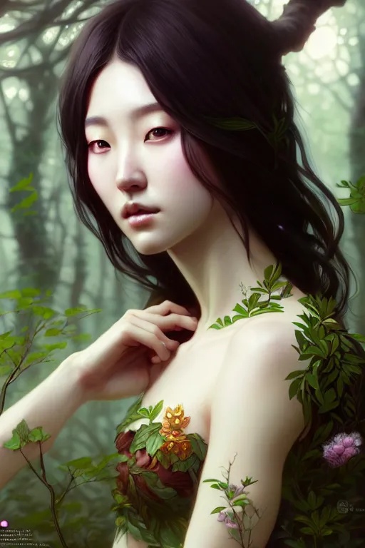 Image similar to beautiful digital painting of a hoyeon jung as a stylish female forest with high detail, 8 k, stunning detail, works by artgerm, greg rutkowski and alphonse mucha, unreal engine 5, 4 k uhd