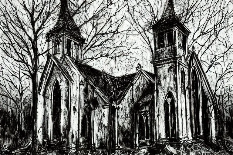 Image similar to mad horror painting of a old church in the woods by ben templesmith