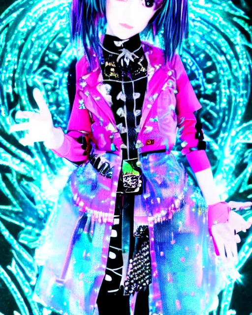 Image similar to a hologram of decora styled yotsuba koiwai wearing a gothic spiked jacket, holography, irridescent, baroque visual kei decora art