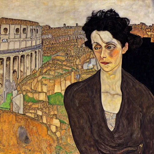 Image similar to a highly detailed painting by egon schiele of a young woman with black hair having an existential crisis on a terrace overlooking the colosseum, 4 k