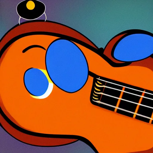 Image similar to a disney cartoon of a bee from Pixar with eyes that reflect a blue electric guitar, a background of orange hexagons filled with colored lights