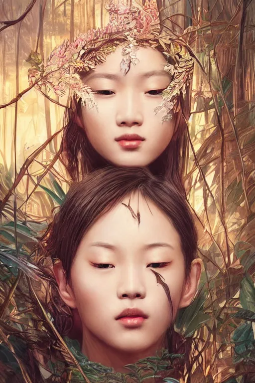 Image similar to stunningly beautiful, asian prima ballerina in jungle, symmetrical face, golden hour, smooth, focus, highly detailed, hyper realistic, dramatic lighting, elegant, intricate, concept art, art by wlop, mars ravelo, greg rutowski