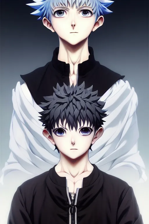 Image similar to baroque oil painting full body portrait character concept art, anime key visual of killua zoldyck, symmetrical finely detailed perfect face studio lit directed gaze, trending on pixiv fanbox, painted by greg rutkowski makoto shinkai takashi takeuchi studio ghibli