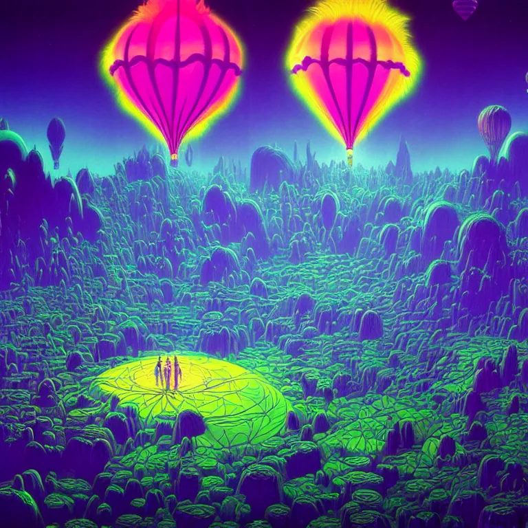 Prompt: mysterious balloons over mystical crystal temple, infinite fractal tesseract, quantum waves, synthwave, bright neon colors, highly detailed, cinematic, eyvind earle, tim white, philippe druillet, roger dean, ernst haeckel, lisa frank, aubrey beardsley, kubrick