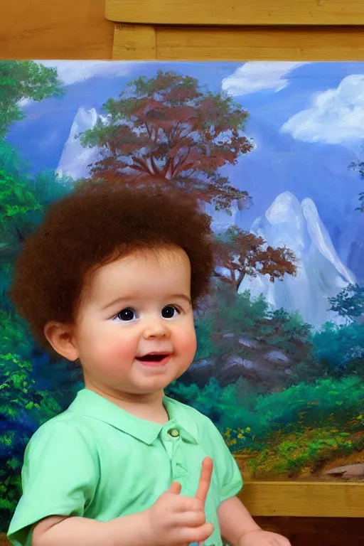 Image similar to a baby version of bob ross, in front of a finger painted mural on a wall, dramatic lighting, cinematic, establishing shot, extremely high detail, foto realistic, cinematic lighting, post processed, concept art, high details, cinematic, 8k resolution, beautiful detailed, photorealistic, digital painting, artstation, concept art, smooth, sharp focus, artstation trending, octane render, unreal engine