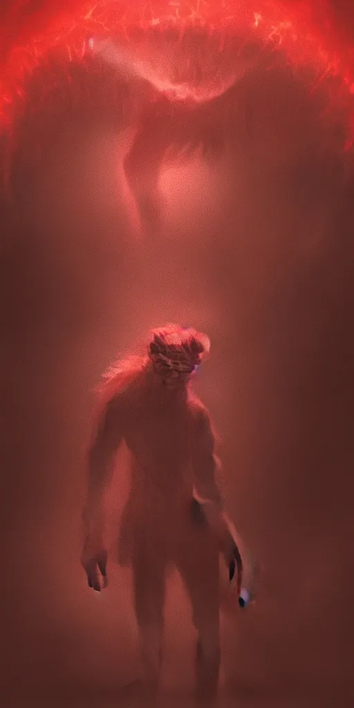 Image similar to very low - resolution found footage of a kaiju monster, fog!!, smoke, red hue, thriller, underdeveloped, flare, epic, dramatic