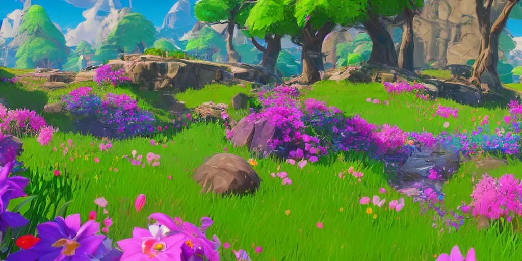 Image similar to ! dream colour theory cascading concept art of spring flower landscape in the style of breath of the wild, fortnite season 1 beautiful, fortnite graphics