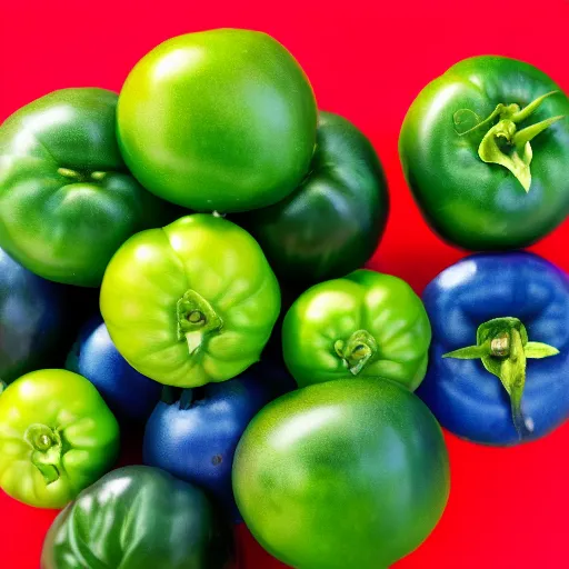 Prompt: blue tomato on red background