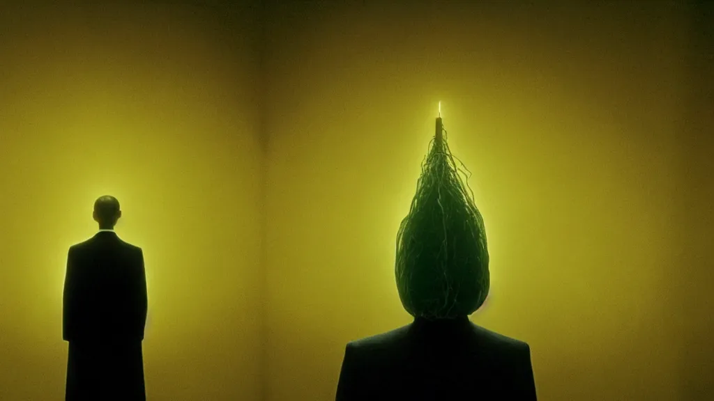 Image similar to the bright glowing head of a preacher in church, film still from the movie directed by denis villeneuve and david cronenberg with art direction by zdzisław beksinski and dr. seuss