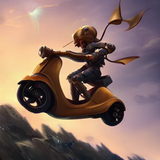 Prompt: an epic fantasy illustration of a flying robotic vespa scooter among the clouds by alejandro burdisio, industrial, hydraulics, prosthetics, 4K, golden hour hues