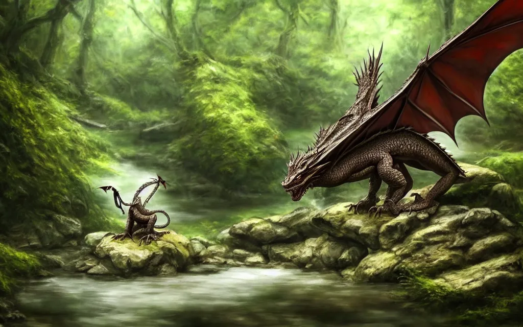 Image similar to A single dragon sitting on a rock within a woodland creek, highly detailed, trending on pixiv, realistic oil paint artwork made in 2020.