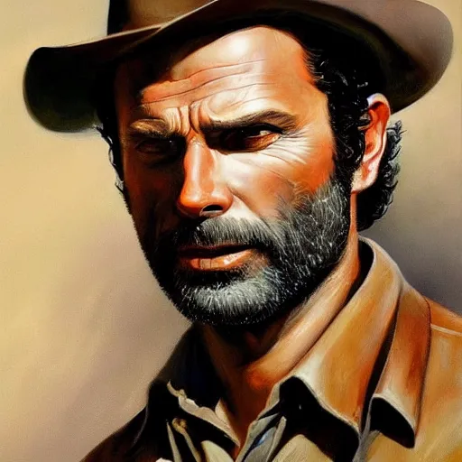 Image similar to ultra realistic portrait painting of rick grimes as a western outlaw, art by frank frazetta, 4 k, ultra realistic, highly detailed, epic lighting