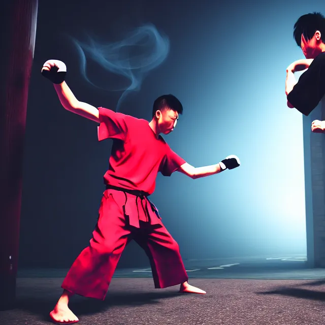 Image similar to wing chun punch streetfight, detailed wing chun form, defensive stance, shanghai, cinematic neon uplighting, fog mist smoke, photorealistic, night photography by tomino - sama