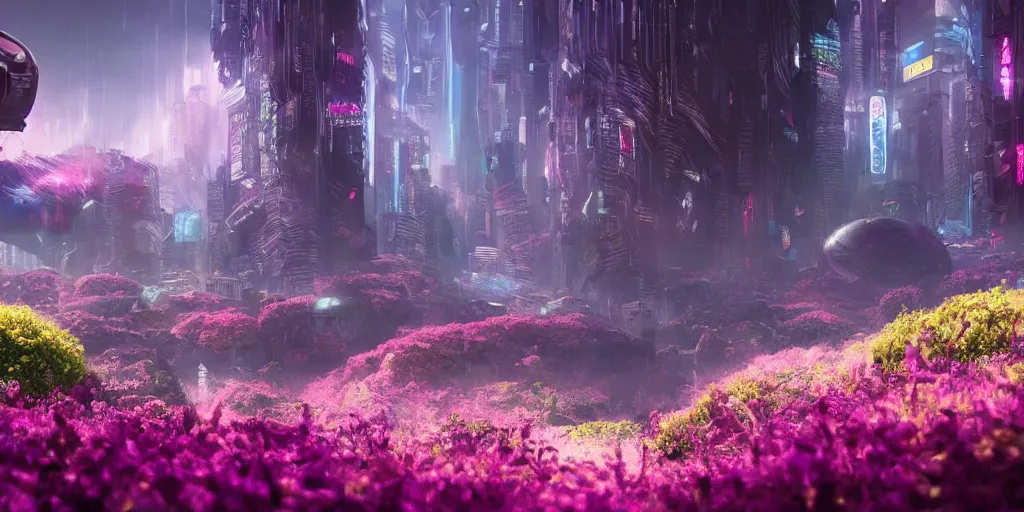 Image similar to A cyberpunk dreamscape showing an alien landscape covered in mystical flowers | Dreamworks Films Art | Depth of Field | 4k