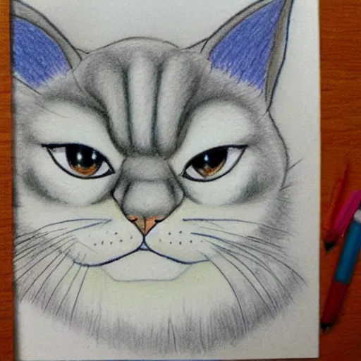 Prompt: chubby persian cat, drawing by Don Bluth, children's colored pencil drawing