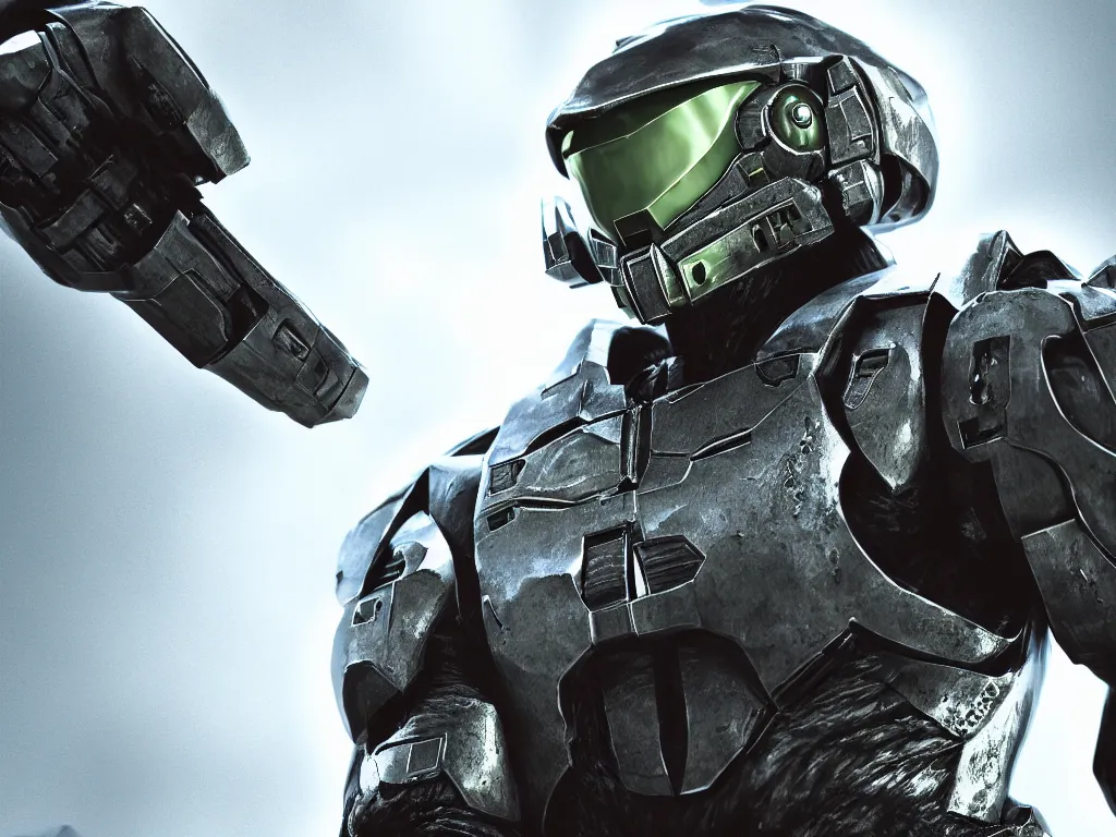 Prompt: master chief bust shot, studio photo, 3 d render, unreal engine, stunning scene, hdr, dynamic lighting, chrome, metallic, shiny, reflective, 8 k