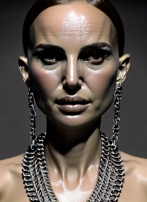 Prompt: a distorted and warped wax model of an absurdly beautiful woman, natalie portman, in the style of irakli nadar and alexandre ferra, white porcelain skin, faberge, intricate chrome chains, light atmosphere, unreal engine 5 highly rendered, global illumination, radiant light, detailed and intricate environment