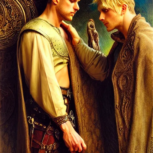 Image similar to stunning arthur pendragon in love with stunning male merlin the mage. they are close to each other, touching, looking. highly detailed painting by gaston bussiere, craig mullins, j. c. leyendecker