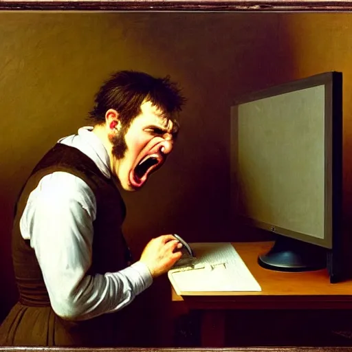 Image similar to an angry man yells at his computer monitor, oil on canvas, 1 8 8 3, highly detailed