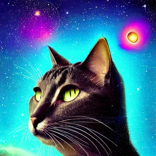 Prompt: cat looking at beautiful colorful galaxy, high detail, digital art, beautiful , concept art,fantasy art, 4k