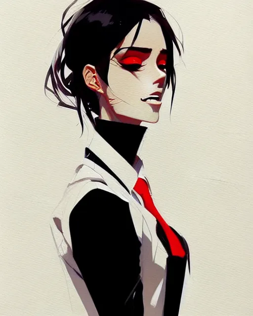 Image similar to a ultradetailed beautiful panting of a stylish woman, she is wearing a white shirt with a tie and black pants, by conrad roset, greg rutkowski and makoto shinkai trending on artstation