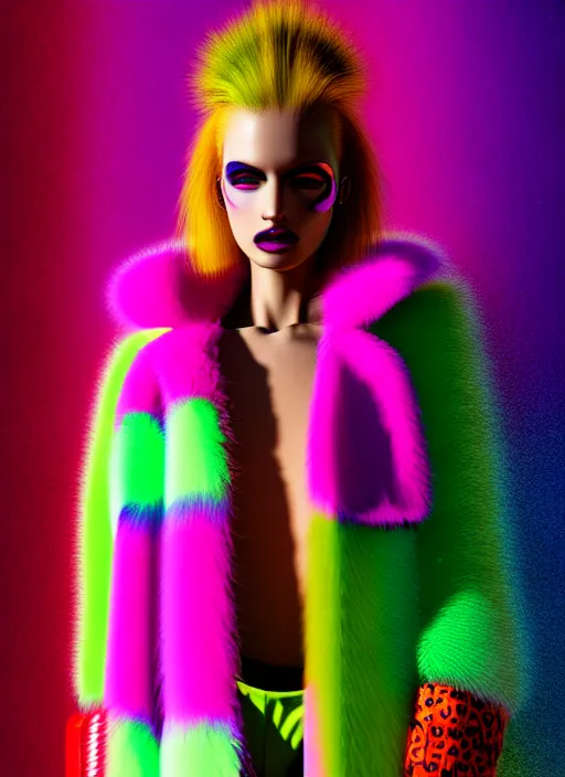 Image similar to stylish coat for a rave, bright colors, many details, prints, photo for a magazine, photo for a store, fashion photography, Vogue, 135 mm, cinematic, hyper realism, high detail, octane render, 8k, chrome accents, very coherent symmetrical artwork, perfect face model, full length photo, Upper and lower body, even skin tone