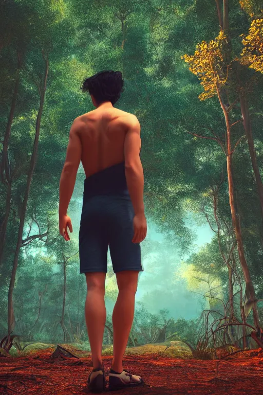 Prompt: young man with wavy black shoulder length hair, muscular back, plain cotton shorts, back view, trees, detailed forest background, webtoon, breathtaking scenery, colourful, 8 k, graphic novel, digital art trending on artstation, volumetric lighting, octane render, cinematic, hyper detailed, magical atmosphere