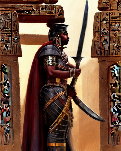 Prompt: expressive portrait of ancient nubian temple guard, armed with a long curved sword, dressed in leather and robes, standing guard of an old egyptian temple gate, mystical light, lots of ornaments, art by craig mullins and anders zorn