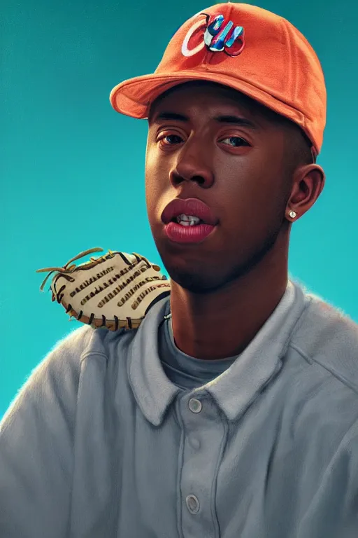 Image similar to photorealistic portrait of tyler the creator with baseball hat, staring directly into camera, intricate, elegant, glowing lights, highly detailed, digital painting, artstation, sharp focus, illustration, art by wlop, mars ravelo and greg rutkowski