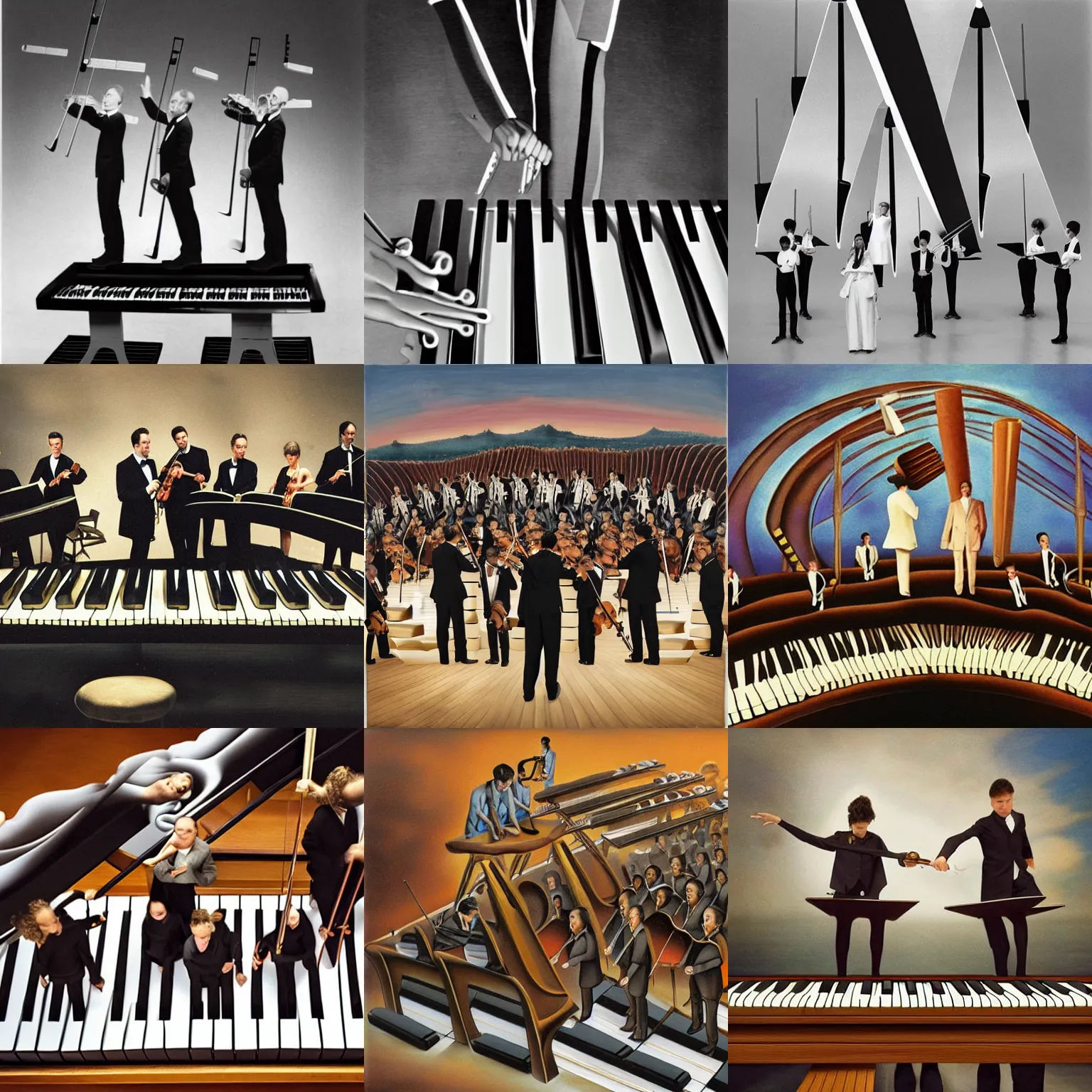 Prompt: orchestra musicians standing on floating piano keys, surrealism