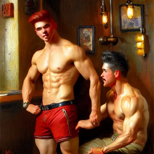 Image similar to attractive muscular male with red hair and attractive muscular male with black hair. pants and shorts, drinking their hearts out, having fun, in a pub. highly detailed and very defined painting by gaston bussiere, j. c. leyendecker, craig mullins 8 k