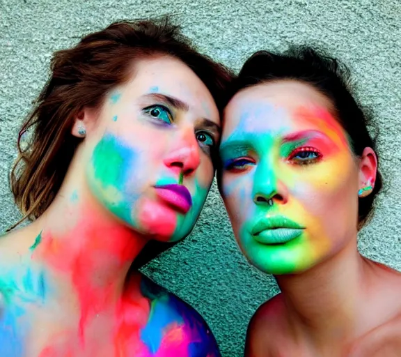 Image similar to close photo shot still of two womens rainbow painted lips kissing