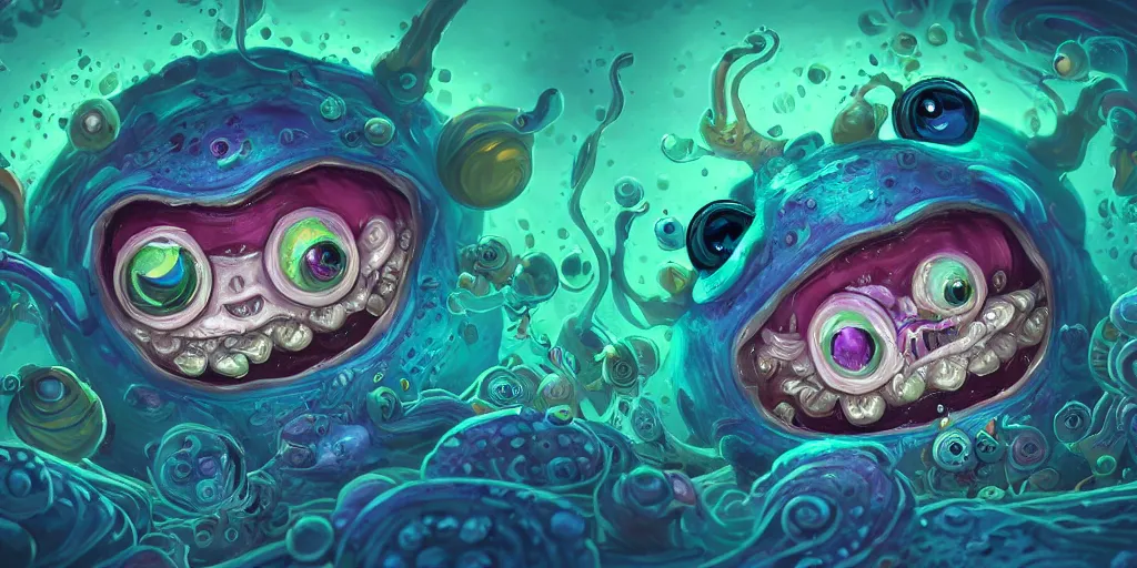 Prompt: of an intricate sea cavern with colorful strange cute marine creatures with huge eyes, long tongue, square teeth and funny face appearing from murky waters, in the style of tim shumate, macro lens, shallow depth of field, highly detailed, digital painting, trending artstation, concept art, illustration, cinematic lighting, vibrant colors, photorealism, epic, octane render