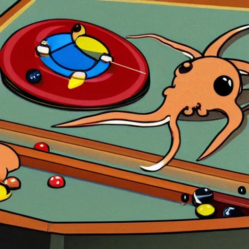 Image similar to a giant squid playing billiards and winning in a mcdonalds's, detailed scientific diagram